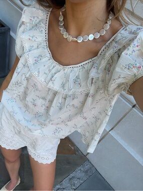 NWT Doen Silvie Cotton Ruffle Floral Short Puff Sleeve Blouse Top Cottage Grove